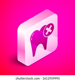Isometric Tooth with caries icon isolated on pink background. Tooth decay. Silver square button. Vector Illustration