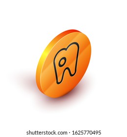 Isometric Tooth with caries icon isolated on white background. Tooth decay. Orange circle button. Vector Illustration