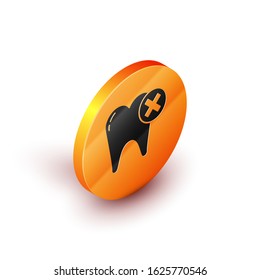 Isometric Tooth with caries icon isolated on white background. Tooth decay. Orange circle button. Vector Illustration