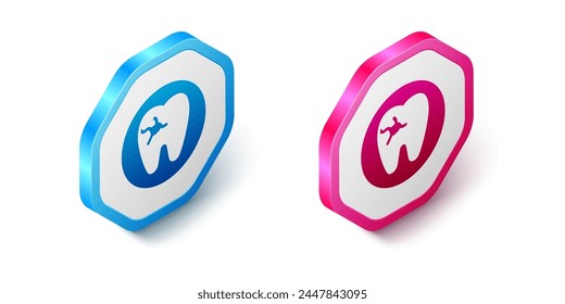 Isometric Tooth with caries icon isolated on white background. Tooth decay. Hexagon button. Vector