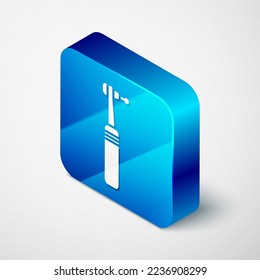 Isometric Tooth drill icon isolated on grey background. Dental handpiece for drilling and grinding tools. Medical instrument. Blue square button. Vector Illustration