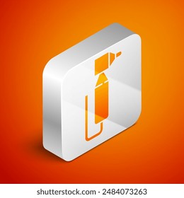 Isometric Tooth drill icon isolated on orange background. Dental handpiece for drilling and grinding tools. Silver square button. Vector