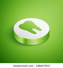 Isometric Tooth icon isolated on green background. Tooth symbol for dentistry clinic or dentist medical center and toothpaste package. White circle button. Vector Illustration
