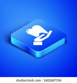 Isometric Tooth icon isolated on blue background. Tooth symbol for dentistry clinic or dentist medical center and toothpaste package. Blue square button. Vector Illustration