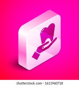 Isometric Tooth icon isolated on pink background. Tooth symbol for dentistry clinic or dentist medical center and toothpaste package. Silver square button. Vector Illustration