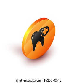 Isometric Tooth icon isolated on white background. Tooth symbol for dentistry clinic or dentist medical center and toothpaste package. Orange circle button. Vector Illustration