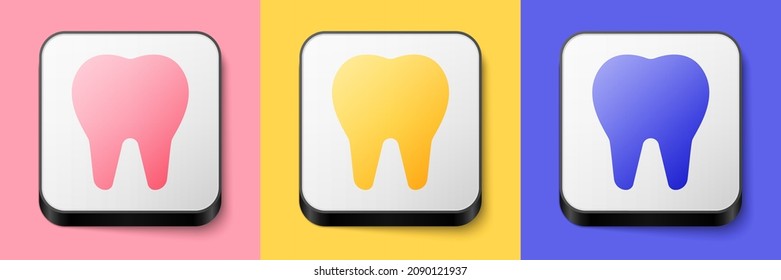 Isometric Tooth icon isolated on pink, yellow and blue background. Tooth symbol for dentistry clinic or dentist medical center and toothpaste package. Square button. Vector