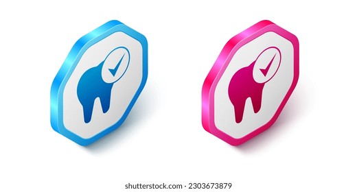 Isometric Tooth icon isolated on white background. Tooth symbol for dentistry clinic or dentist medical center and toothpaste package. Hexagon button. Vector