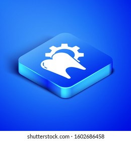 Isometric Tooth treatment procedure icon isolated on blue background. Tooth repair with gear. Blue square button. Vector Illustration