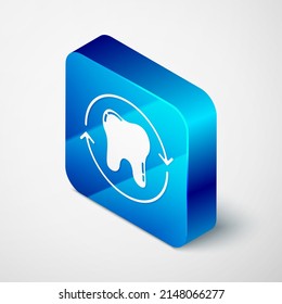Isometric Tooth whitening concept icon isolated on grey background. Tooth symbol for dentistry clinic or dentist medical center. Blue square button. Vector