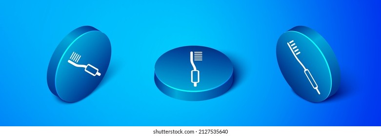 Icono de cepillo de dientes isométrico aislado en fondo azul. Botón de círculo azul. Vector