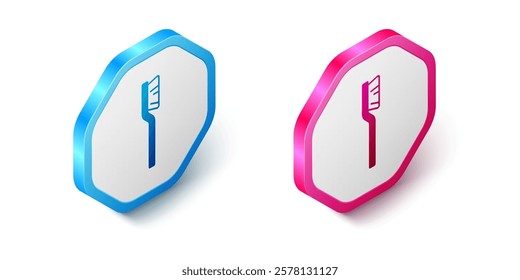 Isometric Toothbrush icon isolated on white background. Hexagon button. Vector