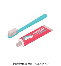 Isometric toothbrush and tube of toothpaste isolated vector illustration