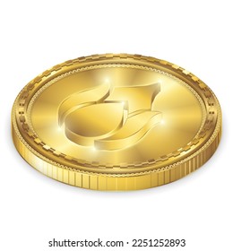 Isometric Top View Flame Fire Element Symbol Glowing Gold Coin 2.5D Sculpture Icon Isolated on White Background for Horoscope, Astrology.