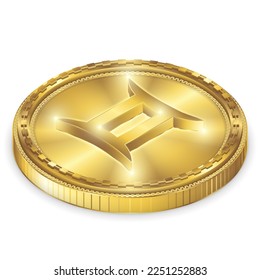 Isometric Top View Gemini Zodiac Symbol Glowing Gold Coin 2.5D Sculpture Icon Isolated on White Background for Horoscope, Astrology.