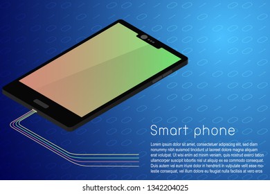 Isometric top view of modern black smart phone with empty screen on blue digital number background. Communication technology electronic equipment concept.