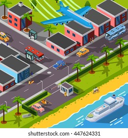 Isometric top view transport concept with  airplane ship cars and city  automobiles on city landscape background vector illustration