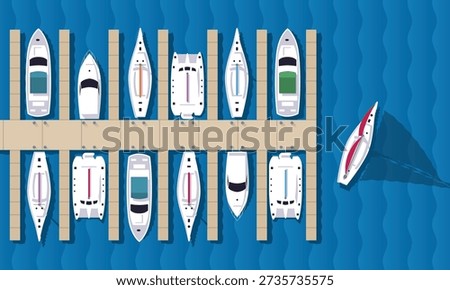 An isometric top-down vector illustration of a busy marina featuring yachts and sailboats docked at wooden piers in a med-mooring arrangement. A red and white sailboat is shown maneuvering in the water, perfect for summer, nautical, and stock design projects.
