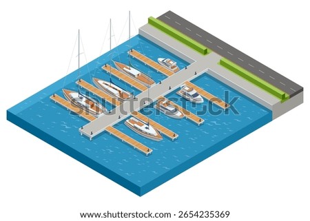An Isometric top-down view of a bustling marina with various yachts and sailboats docked at wooden piers, connected to a modern road