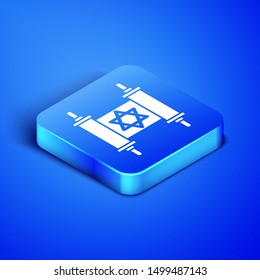 Isometric Torah scroll icon isolated on blue background. Jewish Torah in expanded form. Star of David symbol. Old parchment scroll. Blue square button. Vector Illustration
