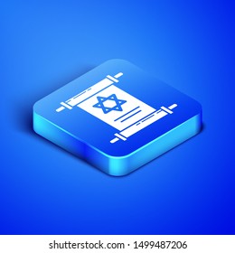 Isometric Torah scroll icon isolated on blue background. Jewish Torah in expanded form. Star of David symbol. Old parchment scroll. Blue square button. Vector Illustration