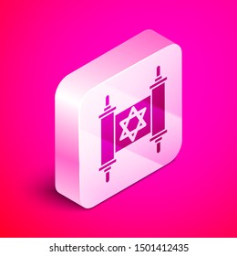 Isometric Torah scroll icon isolated on pink background. Jewish Torah in expanded form. Star of David symbol. Old parchment scroll. Silver square button. Vector Illustration