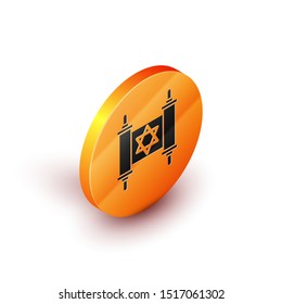 Isometric Torah scroll icon isolated on white background. Jewish Torah in expanded form. Star of David symbol. Old parchment scroll. Orange circle button. Vector Illustration