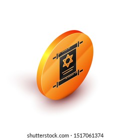 Isometric Torah scroll icon isolated on white background. Jewish Torah in expanded form. Star of David symbol. Old parchment scroll. Orange circle button. Vector Illustration