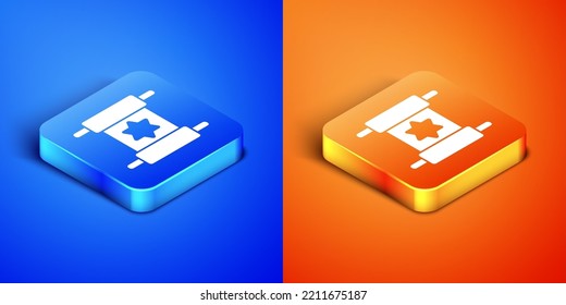 Isometric Torah scroll icon isolated on blue and orange background. Jewish Torah in expanded form. Star of David symbol. Old parchment scroll. Square button. Vector