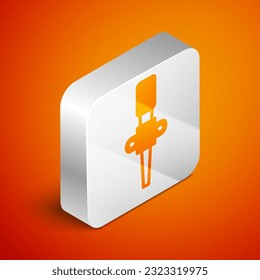 Isometric Torch flame icon isolated on orange background. Symbol fire hot, flame power, flaming and heat. Silver square button. Vector