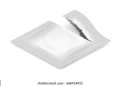 Isometric Torn Realistic Condom Food Medicine Flow Pack Isolated with Shadow Icon Design Template Vector Illustration