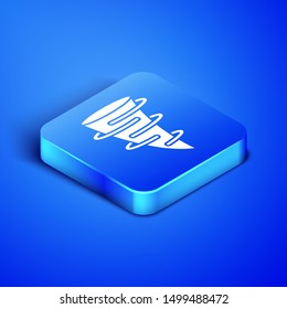 Isometric Tornado icon isolated on blue background. Blue square button. Vector Illustration