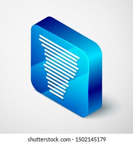 Isometric Tornado icon isolated on white background. Cyclone, whirlwind, storm funnel, hurricane wind or twister weather icon. Blue square button. Vector Illustration
