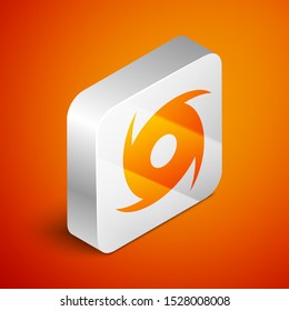 Isometric Tornado icon isolated on orange background. Cyclone, whirlwind, storm funnel, hurricane wind or twister weather icon. Silver square button. Vector Illustration