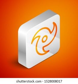 Isometric Tornado icon isolated on orange background. Cyclone, whirlwind, storm funnel, hurricane wind or twister weather icon. Silver square button. Vector Illustration