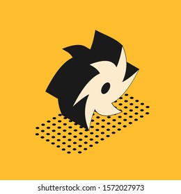 Isometric Tornado icon isolated on yellow background. Cyclone, whirlwind, storm funnel, hurricane wind or twister weather icon.  Vector Illustration