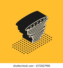 Isometric Tornado icon isolated on yellow background. Cyclone, whirlwind, storm funnel, hurricane wind or twister weather icon.  Vector Illustration