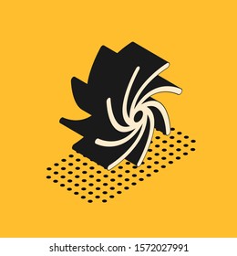 Isometric Tornado icon isolated on yellow background. Cyclone, whirlwind, storm funnel, hurricane wind or twister weather icon.  Vector Illustration