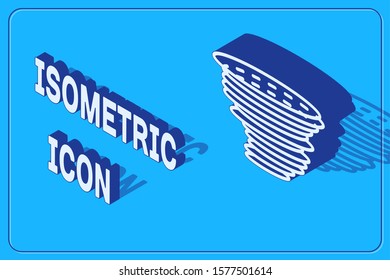 Isometric Tornado icon isolated on blue background. Cyclone, whirlwind, storm funnel, hurricane wind or twister weather icon.  Vector Illustration