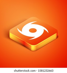 Isometric Tornado icon isolated on orange background. Cyclone, whirlwind, storm funnel, hurricane wind or twister weather icon.  Vector Illustration