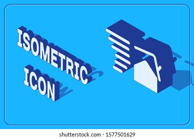 Isometric Tornado swirl damages house roof icon isolated on blue background. Cyclone, whirlwind, storm funnel, hurricane wind icon.  Vector Illustration