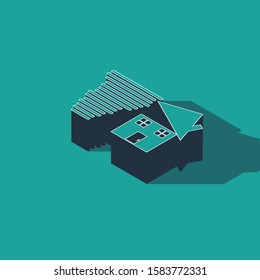 Isometric Tornado swirl damages house roof icon isolated on green background. Cyclone, whirlwind, storm funnel, hurricane wind icon.  Vector Illustration
