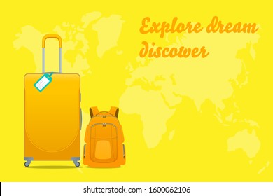 Isometric Tourism and Booking App concept. Travel equipment and luggage on a mobile laptop touch screen. Travel and tourism background.