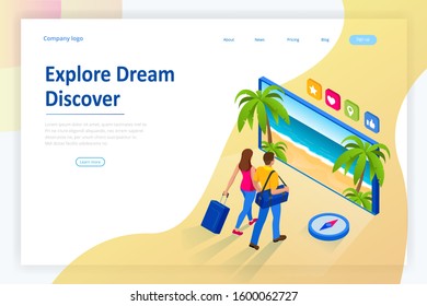 Isometric Tourism and Booking App concept. Travel equipment and luggage on a mobile laptop touch screen. Travel and tourism background.