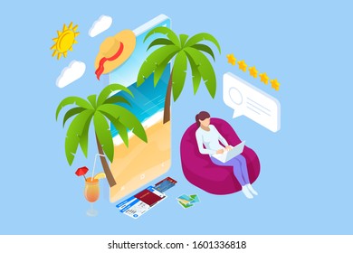 Isometric Tourism and Booking App concept. Travel equipment and luggage on a mobile laptop touch screen. Travel and tourism background.