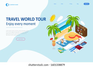 Isometric Tourism and Booking App concept. Travel equipment and luggage on a mobile laptop touch screen. Travel and tourism background.