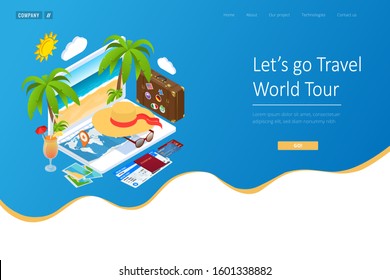 Isometric Tourism and Booking App concept. Travel equipment and luggage on a mobile laptop touch screen. Travel and tourism background.