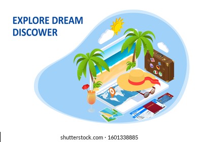 Isometric Tourism and Booking App concept. Travel equipment and luggage on a mobile laptop touch screen. Travel and tourism background.