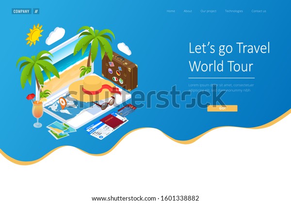 Isometric Tourism and Booking App concept.\
Travel equipment and luggage on a mobile laptop touch screen.\
Travel and tourism\
background.