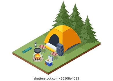 Isometric tourism with a tent. Hiking tourism. Summer outdoor recreation and tent, fire, tourist, backpack. Peaceful outdoor recreation in nature. Campground in forest. Hiking tourism. Summer vacation